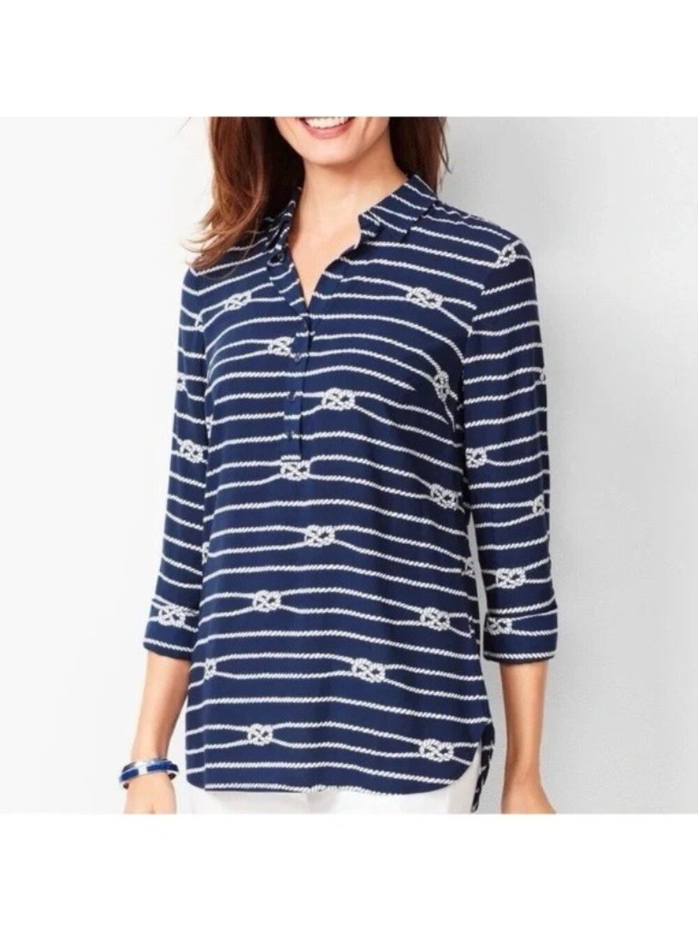 Talbots Nautical Popover Blouse XLP Navy Blue